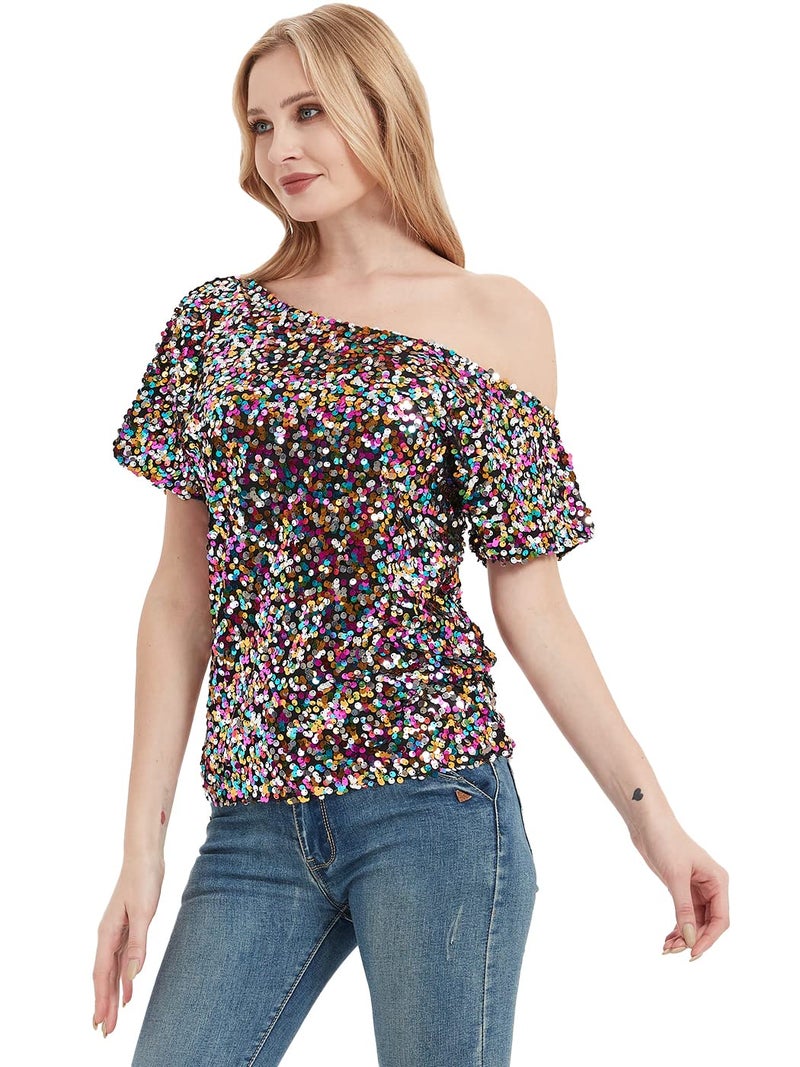 Anna-Kaci Womens Short Sleeve One Shoulder Sparkly Glitter Sequin Top Shirt Blouse, Multicolored, Medium - Image 4